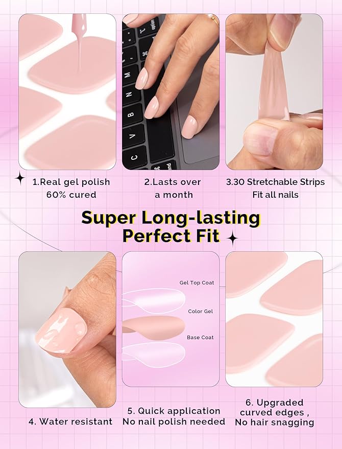 MelodySusie 30PCS Semi Cured Gel Nail Strips, Creamy Pink, Salon Quality, Long Lasting, Easy to Apply, Includes 2 Prep Pads, Nail File and Wooden Stick