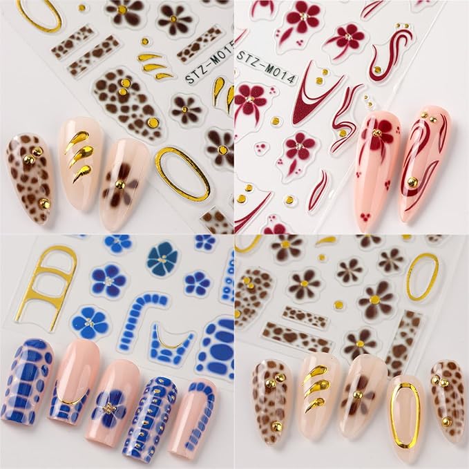 4 Sheet Fall Flower Nail Art Stickers 3D Self-Adhesive French Tip Nail Stickers with Golden Gilding Lines Leopard Print Design Autumn Floral Nail Decals Nail Art Supplies for Women Acrylic Manicure