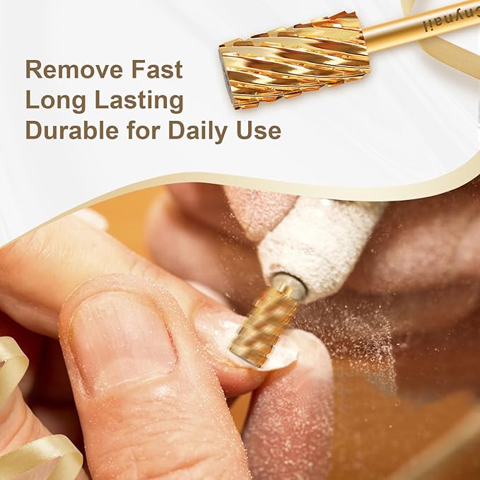 3/32" Large Barrel Flat Top Tungsten Carbide Nail Drill Bit Safety Bit for Gel & Acrylic Removal, 2-Way Rotating Efile Tip, Salon Electric File Accessory (3XC Grit, Gold)