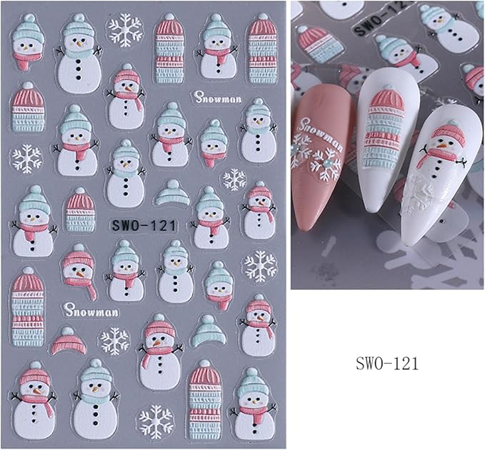 2Pcs Christmas Nail Art Stickers Decals 5D Embossed Winter Nail Decals Snowflake Nail Stickers Pink Blue Hat Scarf Snowman Nail Supplies New Year Winter Nails Supplies for Women Manicure Decoration