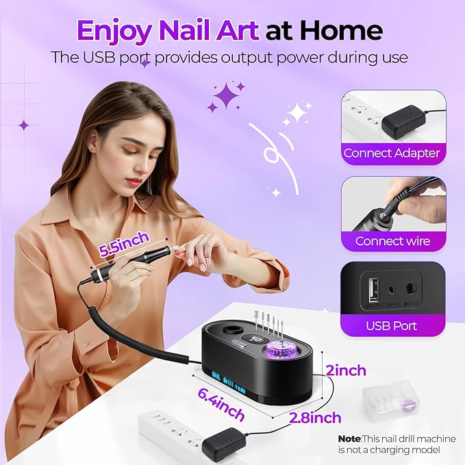 Nail Drill Electric File: 40000RPM Professional E File Kit E File Machine Filer for Shaping, Buffing, Removing Acrylic Gel Nails, Manicure Pedicure Kit with 12Pcs Nail Bits, Home Salon Use