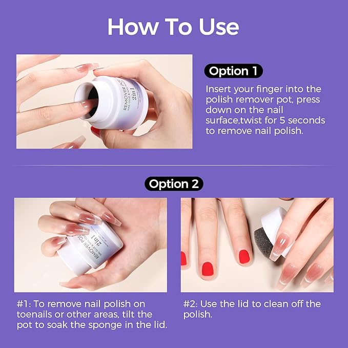 Nail Polish Remover Pot 2 Fl Oz (60ml), Nourishing Formula with Sponge Soak Bottle & Sponge Lid Cap, Gentle Fast Removal for Regular Polish at Home & Salon