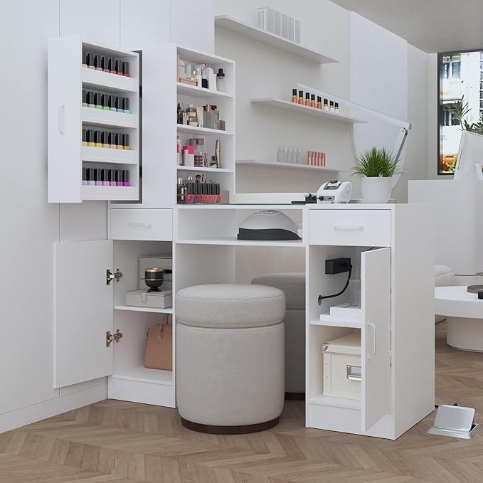 Manicure Table Nail Desk for Nail Tech with Glass Top & Wrist Rest,Nail Desk Station with Power Outlets,Shelves, Storage Cabinets, Drawers,Beauty Salon Workstation(White)