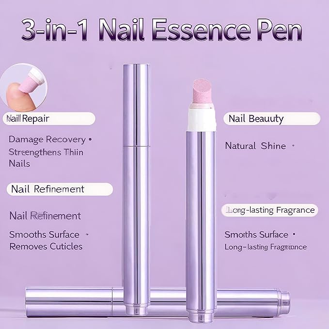 3-in-1 Nail Care Pen, 2025 Upgrade Cuticle Oil Pen for Nails, Ceramic Cuticle Pusher with Oil, Refillable Cuticle Oil Pen, Nail Buffer & Strengthener for Dry, Brittle Nails (Large 1Pcs)