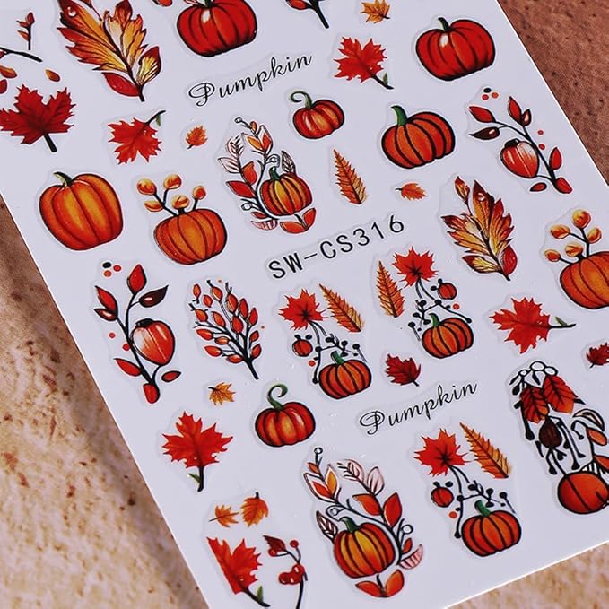 Fall Nail Stickers Thanksgiving Pumpkin Maple Leaf Nail Art Stickers Autumn Glitter Nail Decals Self Adhesive Design Sticker 3D Nail Art Supplies Nails Decoration for Women Manicure Accessories 4Pcs