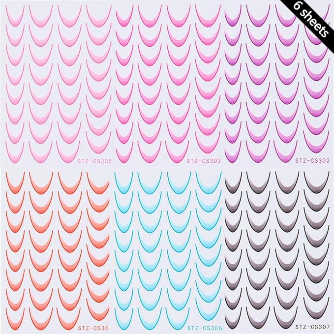 6 Sheets French Tip Nail Stickers for 3D Self-Adhesive Gradient Decals - Colorful Stripe Tips Supplies for DIY Art Decorations Tools