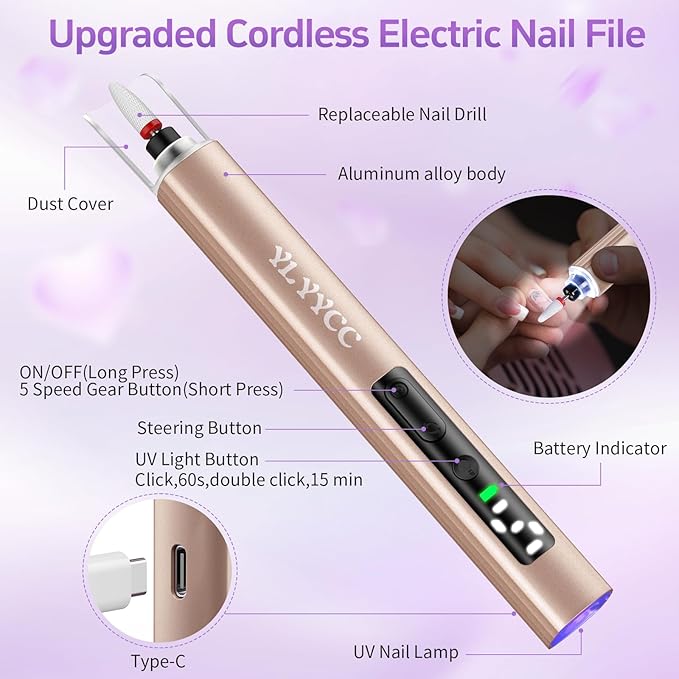 Cordless Nail Drill Electric Nail File with UV Lamp:Professional for Acrylic Gel Dip Powder Nails Portable Nail Kit Machine Tools for Women Girl Manicure Pedicure Set Rechargeable Lightweight