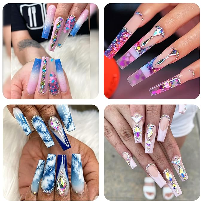 Nail Art Rhinestones Kit HUETFAT 8400pcs Multi Shapes Glass Crystal AB Nail Stones Nail Jewels Flatback Nail Gems Rhinestones Packaged in Diamond Storage Box With Wax Pen for Nail Art Craft