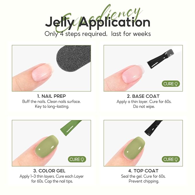 PEACECOLOR Green Jelly Gel Polish Set, 6 Colors 10ML Transparent Clear Green Collection Jelly Gel Nail Polish Set Fall Nail Art Design Home Salon DIY Gifts for Women