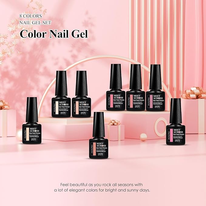 MEET ACROSS 1 Step Gel Polish Set Nail Art Manicure 3 in 1 Gel Kit Soak Off LED Gel Nail Varnishes No Need base gel top coat (Set-5, 8PCS)