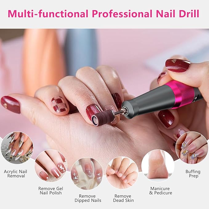 OWill Electric Nail Drill Professional, 35000RPM Rechargeable Machine With LED Display, Portable Electric File for Salon Home Kits, Pink