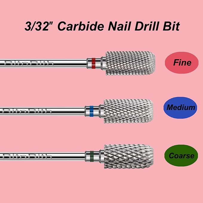 Nail Drill Bit 3/32”, Fast Remove for Acrylic or Hard Gel,Barrel Nail File Carbide Bit for Nail Cuticle Gel Dipping Powder Polishing, Professional Manicure Pedicure Nail Art Tool,Coarse