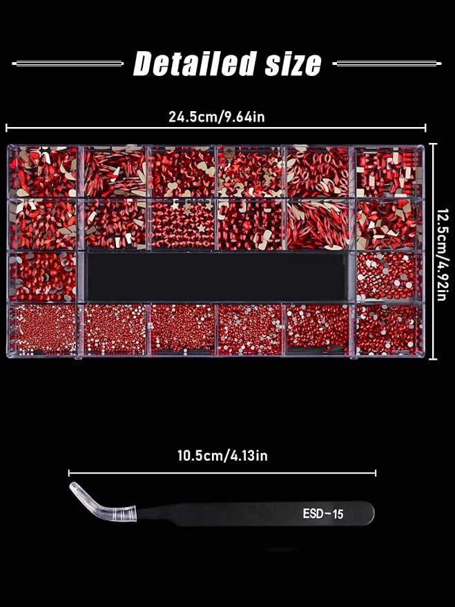 3100Pcs Red Rhinestones for Nails EBANKU Nail Art Rhinestones Kit Red Nail Crystal Rhinestones Mixed Shape with Rhinestone Picker Dotting Pen Tweezers for Christmas DIY Nail Art Craft