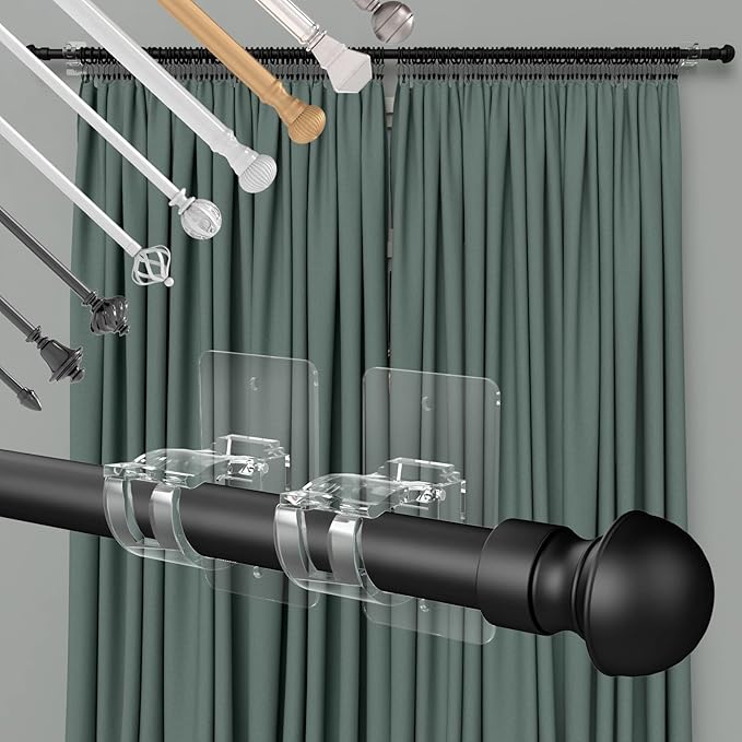 CIEMGNZOC 8PCS No Drill Curtain Brackets, Nail Free Adjustable Curtain Hooks for Rods Under 1.57 Inch (Transparent)
