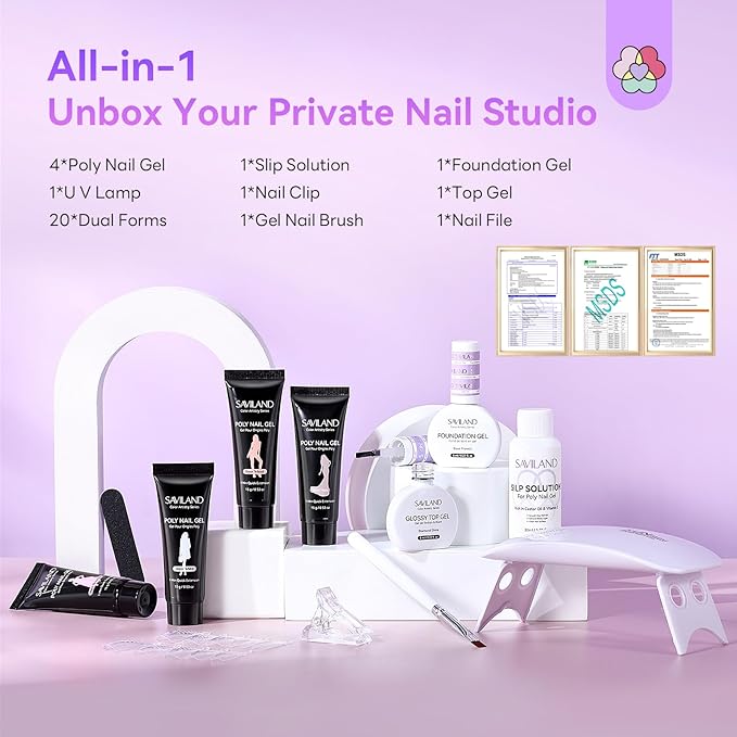 SAVILAND Poly Gel Nail Kit Starter: 4 Colors Natural Clear Poli Gel Para Uñas with Mini U V/LED Lamp Slip Solution Quick Dry Nourish Nails 28 Days Durable for Gifts Daily Nail Art DIY Salon Home Use