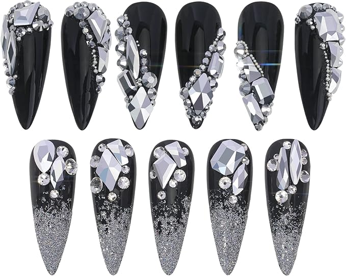 Nail Rhinestones - 3D Multi Shape Size, Flat Back, Manicure Rhinestones Charms, Crystal Silver Gems, with Kit, for Nail Art, Bedazzling Acrylic Nails, DIY Decor