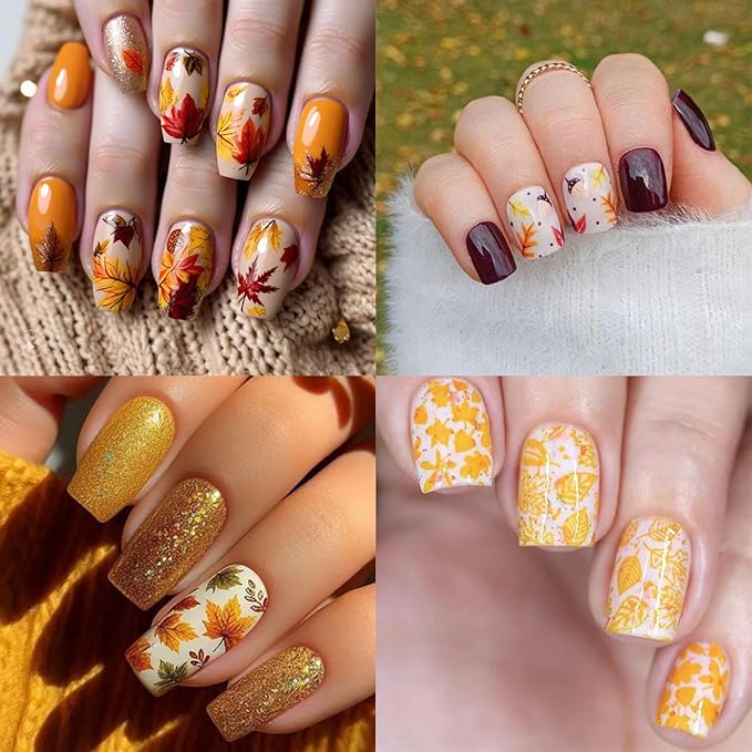 8 Autumn Maple Leaf Nail Art Stickers 3D Self-Adhesive Golden Maple Leaf Ginkgo Leaf Squirrel Cute Nail Decal Designs Women Girls Thanksgiving Nail Art Decoration Supplies
