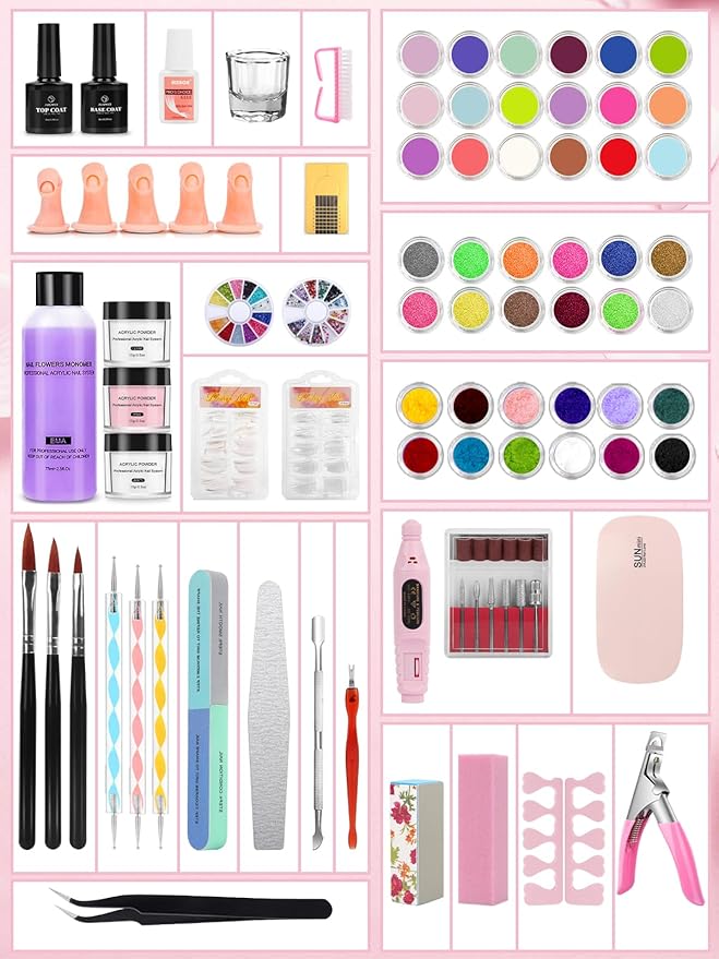 42 Colors Acrylic Nails Kits with Drill and UV Light- Acrylic Nail Powder Glitter and Monomer Liquid Kit with Nail Storage Bag, 5PCS Practice Finger