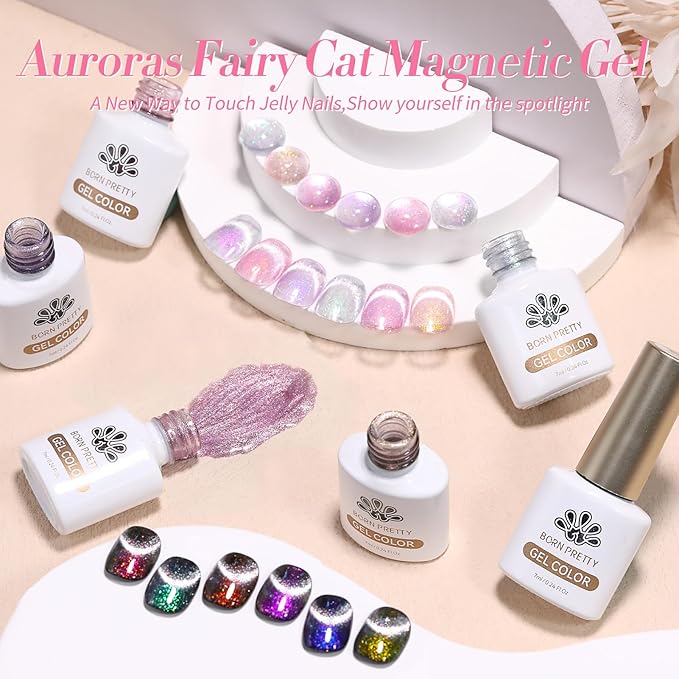 Born Pretty Cat Magnetic Eye Gel Nail Polish, Mermaid Aurora Holographic Pink Blue Green Yellow Gel Polish, Soak Off U V LED Gel Polish Nail Art Design Manicure Salon DIY Home 7ML 6PCS