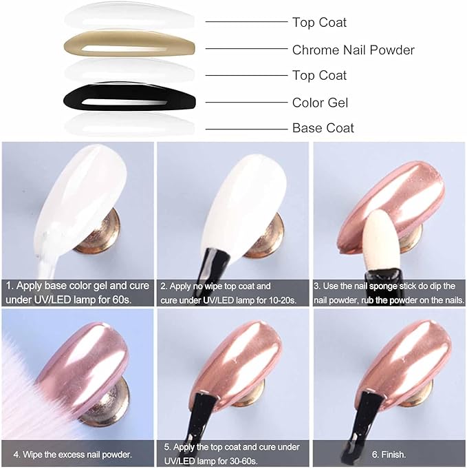 Rose Gold Nail Chrome Powders, 6 Colors Gold Chrome Powder for Nails Metallic Mirror Nail Powders Nail Art Decorations