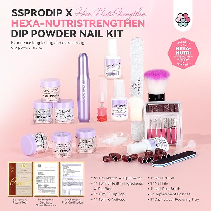 SAVILAND Dip Powder Nail Kit with Drill: 6 Color Dip Nails Powder Starter Kit Pink Nude Glitter Clear with Essentials Liquid Set Base Top Activator for French Manicure Beginner DIY Home