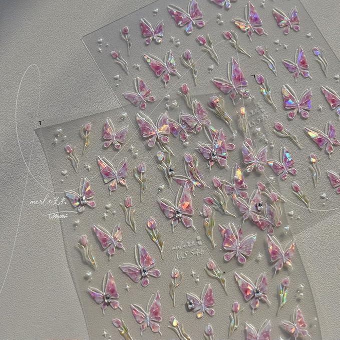 Butterfly Nail Art Stickers Decals Pink Butterfly 5D Embossed Nail Decals Tulip Butterfly Nail Charms Designs Adhesive Sticker Manicure Accessories for Women Girls DIY Nail Art Decorations Supplies