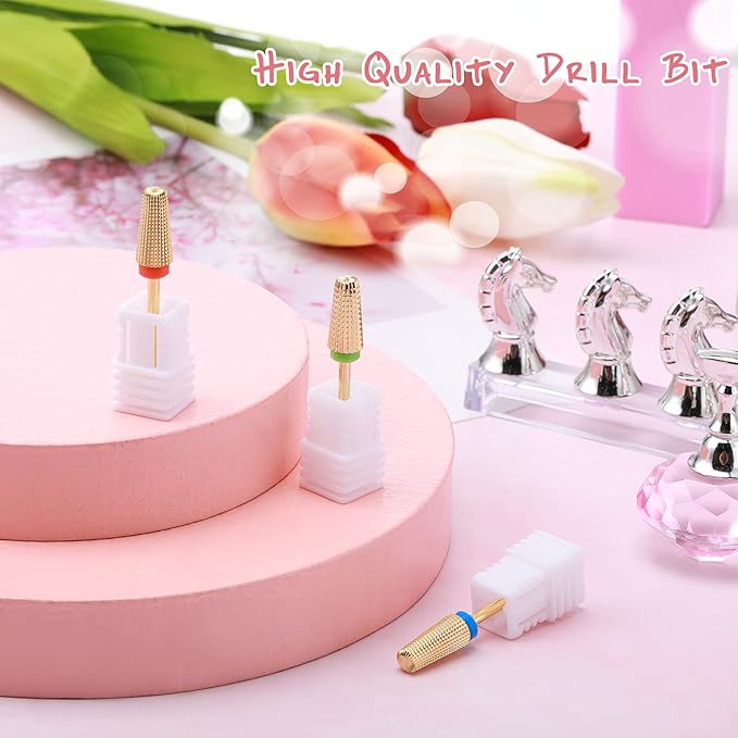3 Pieces Nail Carbide 5 in 1 Bit, Nail Drill Bits Set-2 Way Rotate Use for both Left to Right Handed, 3/32 Inch Shank Size Drill Machine for Fast Remove Acrylic or Hard Gel (Gold)