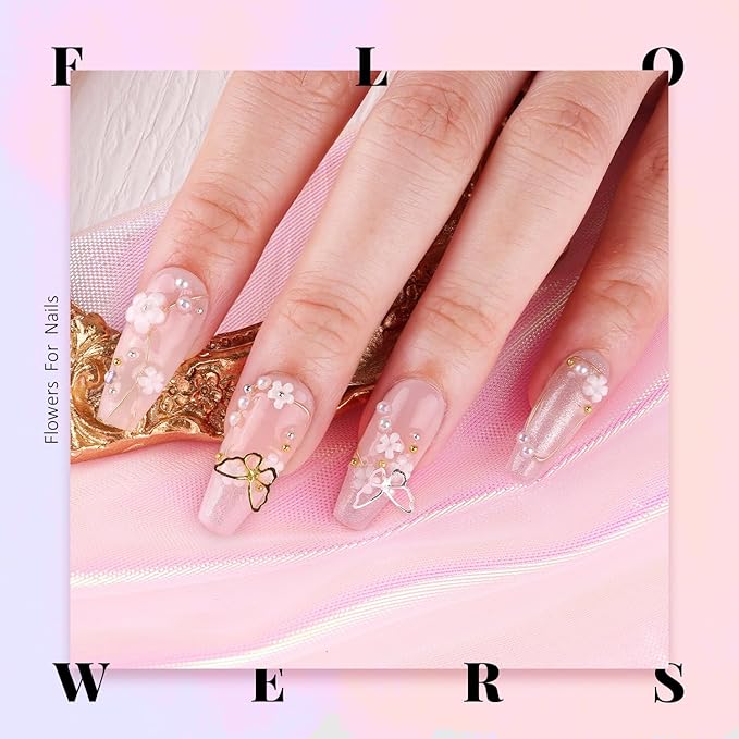 3D Flowers, Manicure Kit with Gel Glue, White Pink Acrylic Flower Nail Charms with Caviar Beads, Rhinestones + Gem Glue for Nails (UV/LED Needed) with Dotting & Pickup Tools