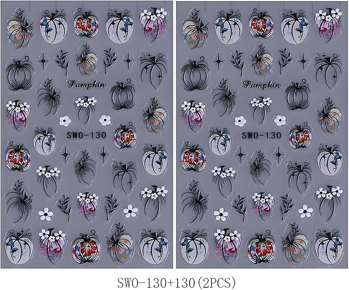 Halloween Nail Art Stickers, Halloween Pumpkin Nail Decals 3D Embossed with Grass Flowers Star Design 2PCS Pumpkin Nail Art Supplies for Women Decoration
