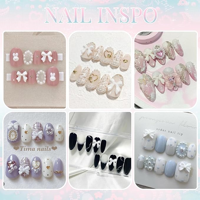 3D Nail Charms for Coquette Nails Design Set 2, Cute White Pink Nail Bows + Assorted Pearl Heart Star Moon Bowknot Nail Jewels + 3D Flower Charms and Nail Pearls, with Picker Tools for Nail Decor