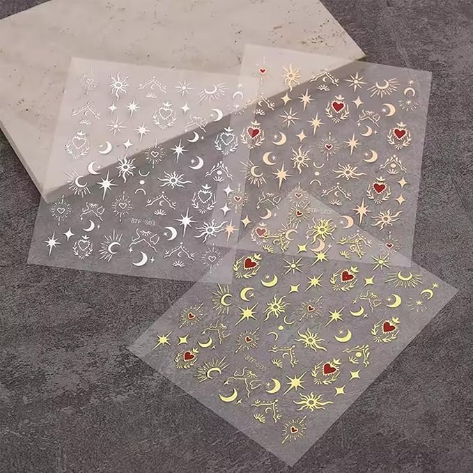 Gold Silver Nail Art Stickers Decals 6 Sheets Moon Star Nail Stickers 3D Self Adhesive Nail Decals Heart Moon Starlight Star Nail Art Design Decoration Accessories for Women Girls