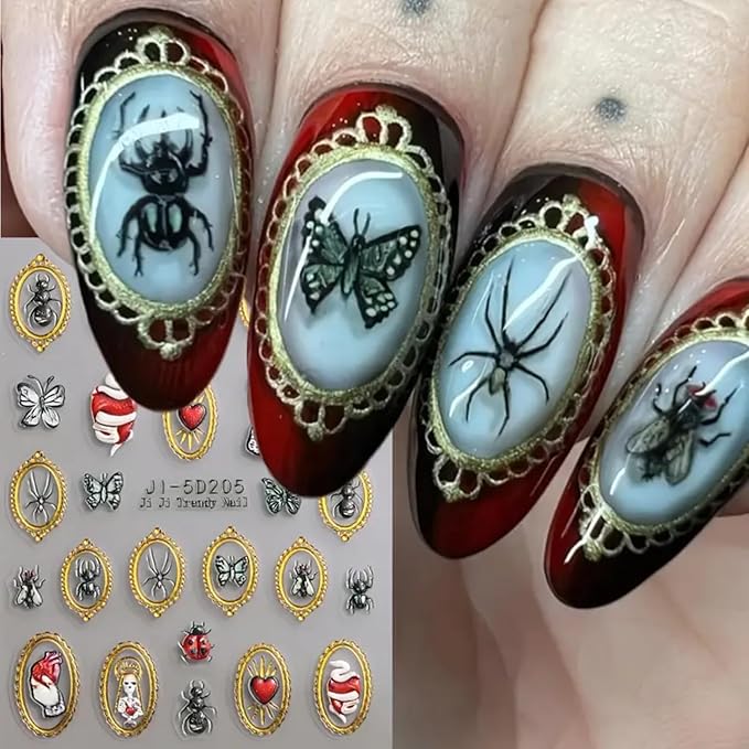 Halloween Nail Art Stickers Decals 5D Embossed Nail Stickers Spider Ghost Pumpkin Nail Art Decals Self-Adhesive Retro Picture Frame Ghost Nails Supplies Colorful Spiders Nails Decorations for Women