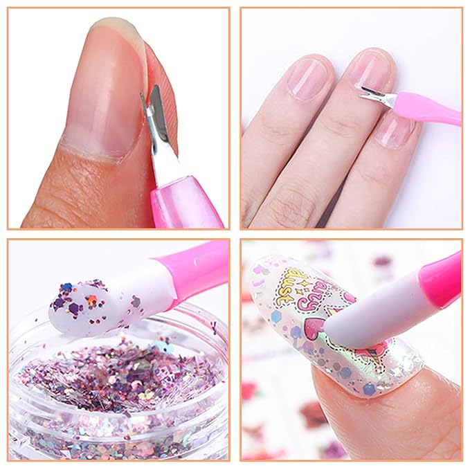 Allstarry 30 Pieces Nail Cuticle Trimmer Remover Plastic Handle Cuticle Pusher Rubber Nail Cleaner Double Head Dead Skin Cuticle Knife Removal Fork Tools for Girls Women and Men - Purple and White
