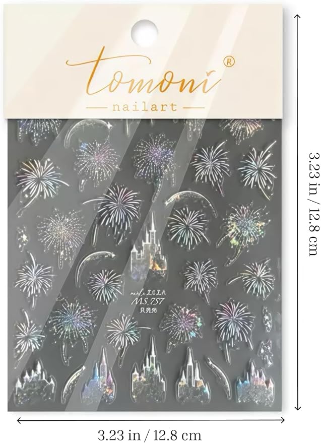 Fireworks Nail Stickers 5D Embossed – Premium Salon-Quality Nail Charm Accessories, Easy Application & Self-Adhesive Pink Festival Theme Park Sticker, DIY Manicure, Nail Art, Press on, Home or Salon