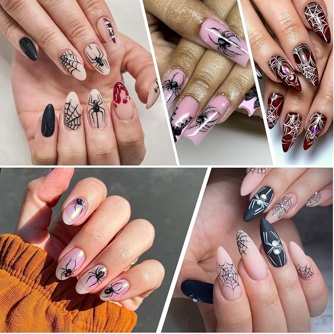 4 Sheets Halloween Nail Stickers for Nail Art Black White Spider Web Nail Decals 3D Self-Adhesive Spider with Red Rhinestones Nail Design Decals Goth Halloween Holiday Nails Supply for Women Manicure