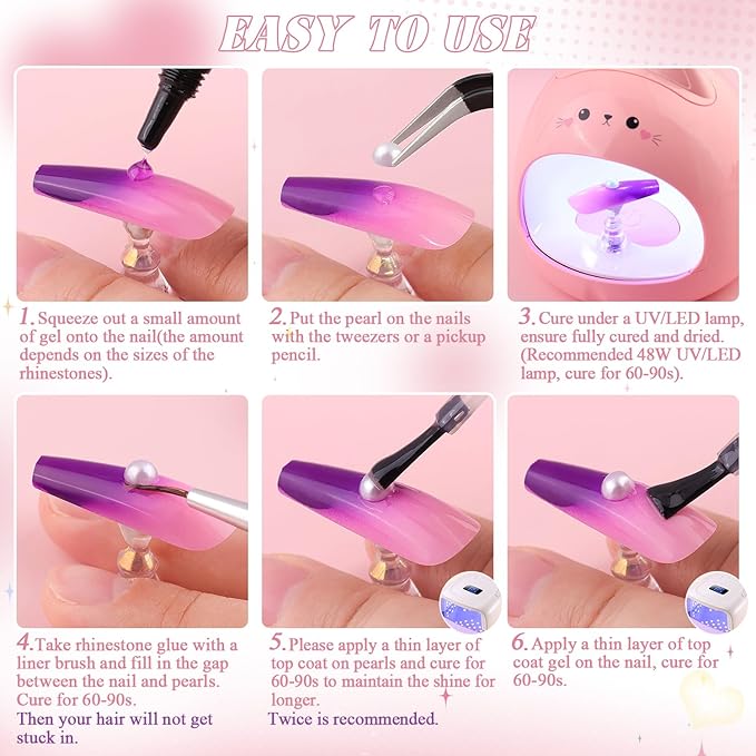 1 Box Nail Pearls Kit for Nail Art with Rhinestone Glue, White Pearl Nail Charms for Nails Design (Flatback+Round), Nail Charms and Gems for Manicure Decor with Pickup Pencil and Tweezers