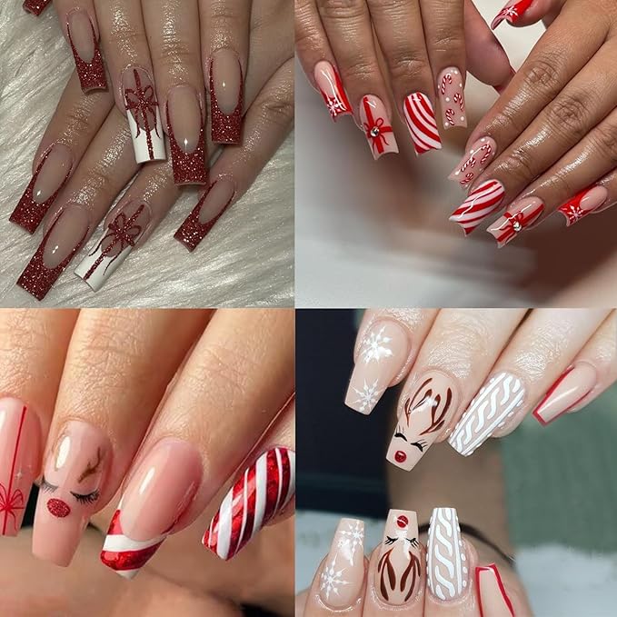 French Snowflake Christmas Bow Nail Art Stickers 3D Embossed Gingerbread Man Christmas Hat Cute Elk Acrylic Nail Decals Women Girls DIY Nail Salon 6 Sheets