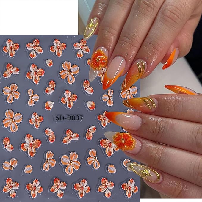 Flower Nail Stickers for Nail Art 3D Self-Adhesive Lily Hibiscus Tulip Flowers Nail Stickers Fall Floral Nail Decals Supplies for Women DIY Manicure Supplies Accessories 4 Sheets