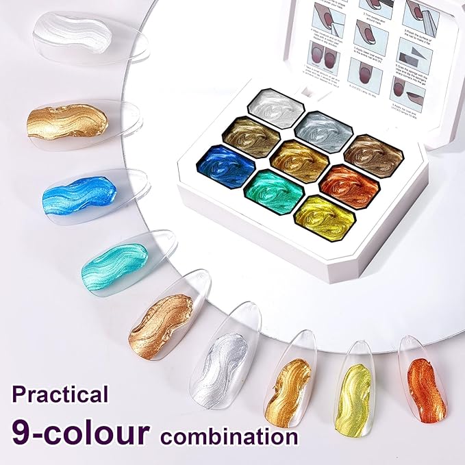 Gradient Painting Gel, 9 Colors Ombre Gel Nail Polish Gold Silver Blue Metallic Effect Sponging for Pigment Pat Aura Nails, French Manicure Soak of UV Home Salon Satin Metal