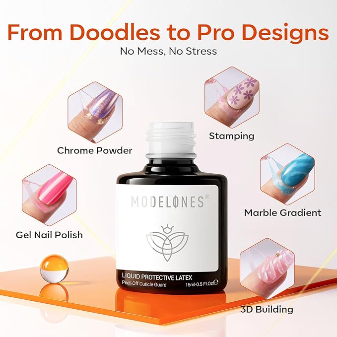 modelones Gel Polish Liquid Latex for Nails, 15 ml Peel Off Nail Polish Barrier with Stick, Fast Dry Cuticle Guard, Protector for Fingers