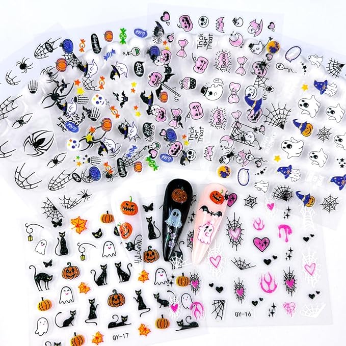30Sheets Halloween Nail Art Stickers Cute Ghost Pumpkin 3D Self-Adhesive Nail Decals Bat Cat Skull Designs Nail Decorations Halloween DIY Manicure Supplies for Women