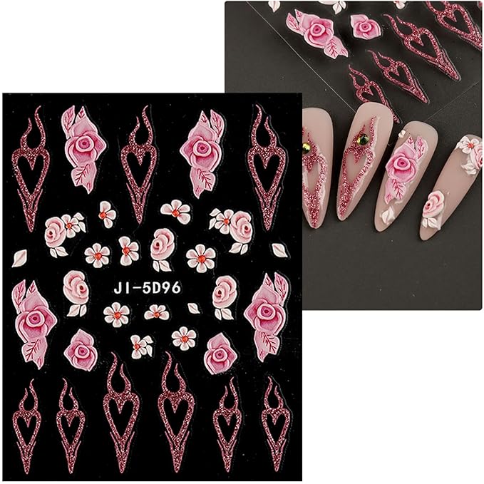 JMEOWIO 6 Sheets 3D Embossed Flower Butterfly Nail Art Stickers Decals Self-Adhesive Pegatinas Uñas 5D White Spring Floral Nail Supplies Nail Art Design Decoration Accessories