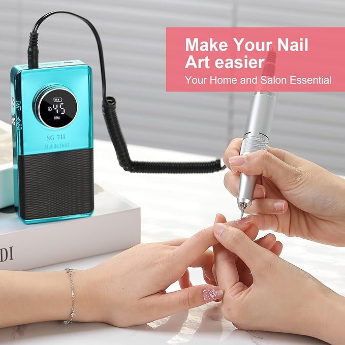 Electric 45000RPM Nail Drill Machine Rechargeable Portable Nail File Electric DIY Nail Drill Kit with Smart LCD Screen for Gel Nail Manicure and Pedicure Reflective Body etc (Blue)