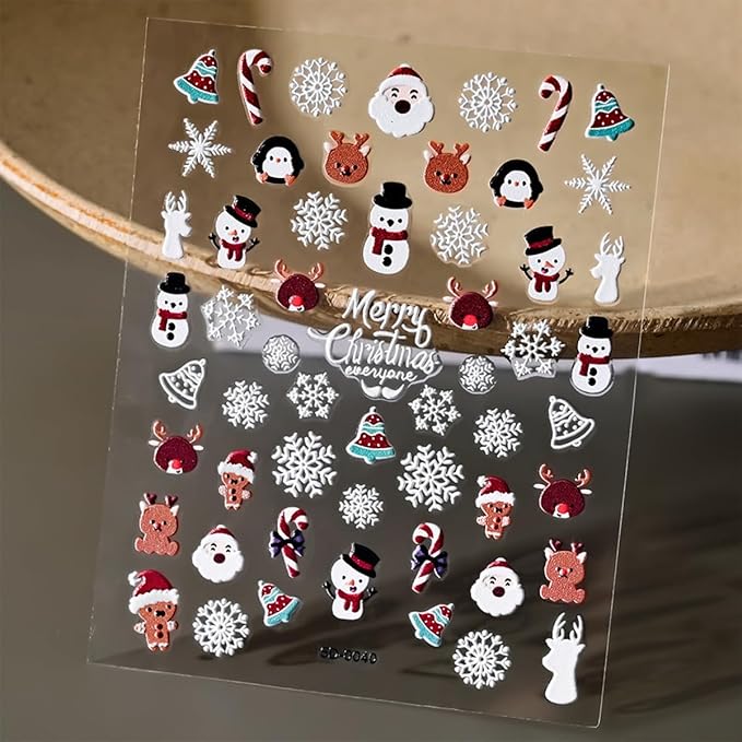 Christmas Nail Art Stickers - 5D Embossed Xmas Nail Decals with Snowflake, Santa Claus, Snowman & Elk Designs for Women & Girls' Winter Holiday Manicure