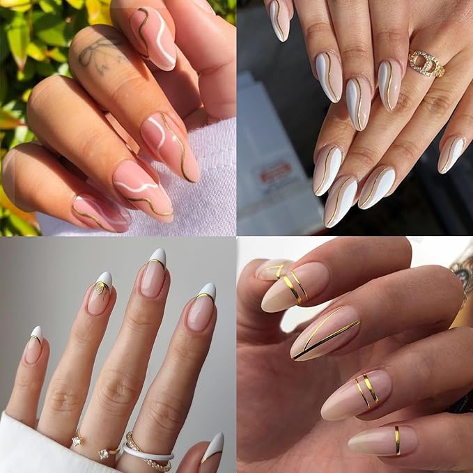 12 Sheets Gold Line Nail Art Stickers - French Smile Waves Strip Self-Adhesive Nail Decals for DIY Geometric Manicure