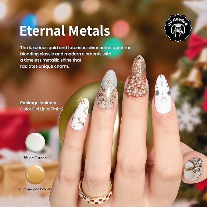 Beetles Metallic Gel Nail Polish Liner Set Gold Silver 2pcs Gel Liner Nail Art Chrome 3D High-Gloss Effect for Nails Paint Design with Thin Brush DIY French Manicure Gift for Women