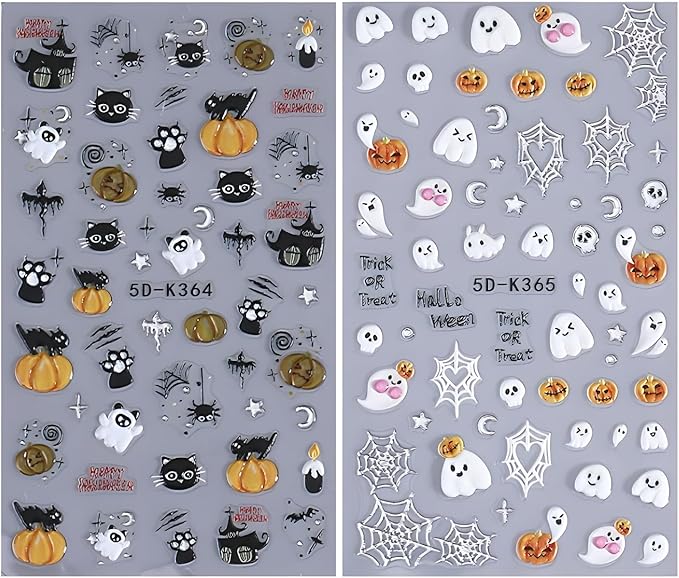Halloween Nail Art Stickers Black Cat 5D Self-Adhesive Nail Stickers Cute Ghost Nail Decals Pumpkin Nail Art Spider Web Nail Decals Decoration Accessories for Women and Girls 2 Sheets