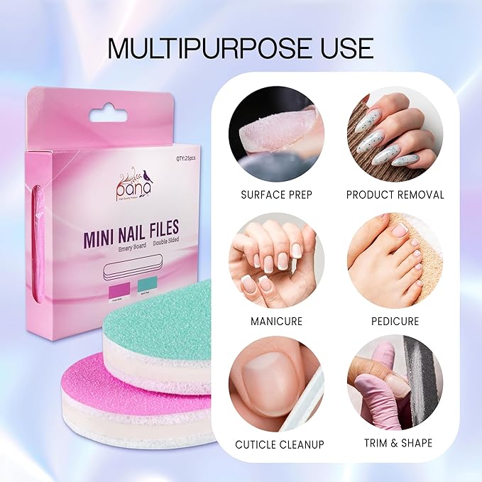25PCS Mini Size PANA Professional Double Sided Nail Files - Pink&Teal, 180/240 Grit - Emery Board Nail Buffering File Manicure Pedicure Nail Polisher Washable