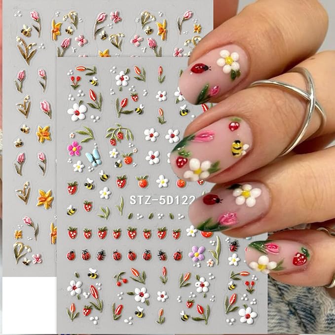 5D Flowers Nail Stickers for Nail Art Cute Bee Ladybug Small Floral Nail Decals Self-Adhesive Summer Nail Art Stickers Strawberry Peach Blossom Leaf Nail Design Manicure Supplies for Women 4 Sheets