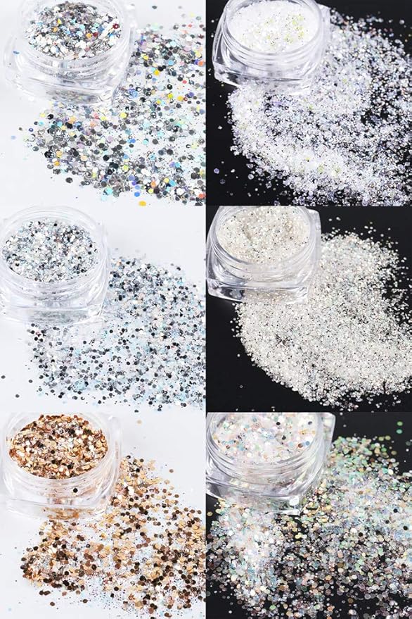 Holographic Nail Art Kits 6 Boxes 3D Glitter Metallic Shining Flakes Acrylic Powder Dust Sequins Decoration Holographic Manicure Tips (Vintage Color)